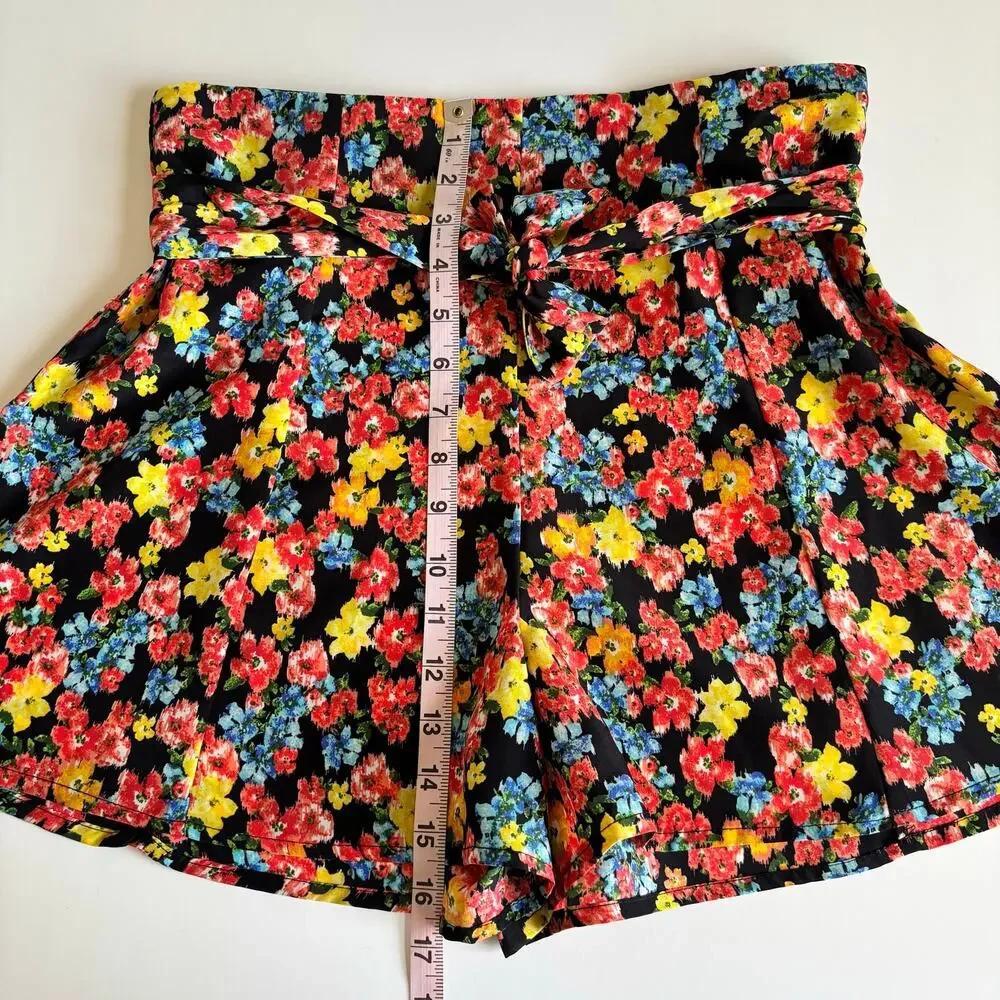 Monteau Floral Boho High Waisted Front Tie Shorts Women’s Large Black Multicolor - Picture 4 of 7